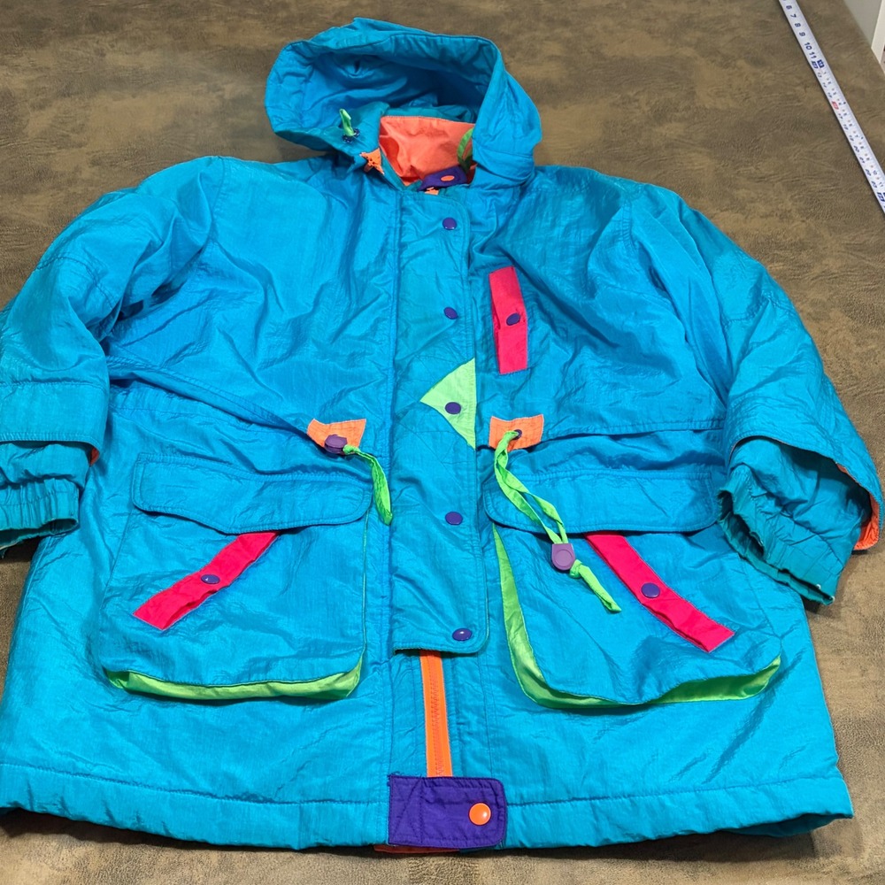 East West Parka Jacket Womens XL Blue Vintage 90s Colorblock Hooded Neon Retro